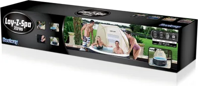 The image shows the packaging of a Bestway Lay-Z-Spa Pool-Sonnendach, featuring a lifestyle shot of people using the product.
