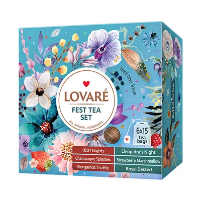 A box of LOVARÉ Fest Tea Set with floral illustrations.