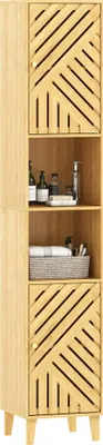 Image de HOMCOM Armoire salle de bain haute, meuble de rangement colonne, portes et pieds en bambou, niches ouvertes, étagères réglables, meuble étroit pour toilette, petits espaces, 32x30x170cm, bois naturel