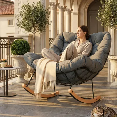 Produktbild von FLEXISPOT Schaukelsessel Outdoor, Gartenliege & Loungesessel mit kissen, stabilem Metallrahmen, ideal für Balkon, Terrasse, Garten & Wohnzimmer, Grau