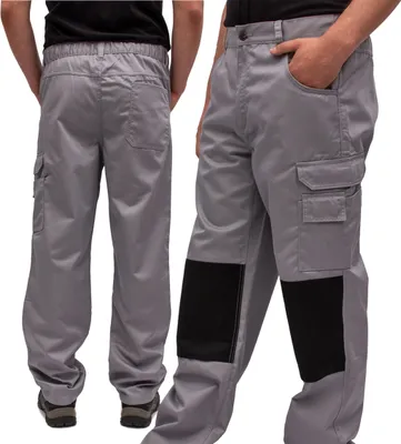 Two views of a person wearing gray work pants with black knee patches.