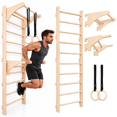 Imagen del producto de MAMOI® espaldera con barra de dominadas y barras paralelas para entrenamiento, espaldera de pared con anillas de madera ajustables para entrenamiento