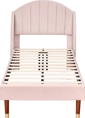 Produktbild von Flieks Einzelbett Jugendbett 90x200cm Polsterbett mit Lattenrost, Massivholzbett Samt, Kinderbett Gästebett, Rosa