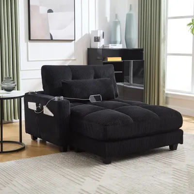 Obrázek produktu pro okwish Chaiselongue Relaxační křeslo Rozkládací postel s podloketníky a rolovacími polštáři, Palmové křeslo s klapací opěrkou hlavy a třemi střapci, s kapsou, Černá