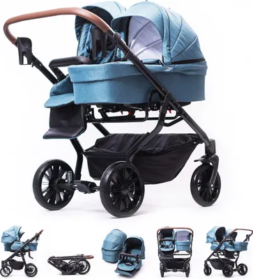 Produktbild von ZEKIWA Geschwisterwagen 3 in 1 [Azur-Blau] inkl. Buggy Zwillingswagen 3 in 1 - Gestell schwarz + Wickeltasche + Regenschutz