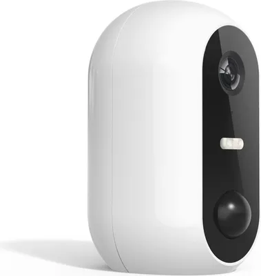 A white and black smart outdoor camera is shown against a white background.
