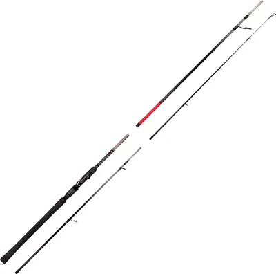 Two fishing rods are shown, one assembled and one disassembled into two parts.
