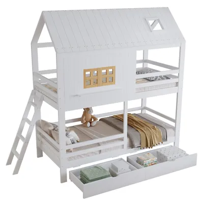 Produktbild von Etagenbett mit 2 Lattenrost, Rausfallschutz, Schubladen und Leiter, 90x200cm, Kinderbett, Jugendbett, Kiefer