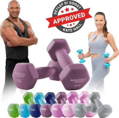 Produktbild von Miweba Sports Profi Neopren Hantel NKH100 | Hantelset - Kurzhanteln - Hexagon - Home Workout - Krafttraining - Anti Rutsch Oberfläche (Lila 2x 2,0 Kg)