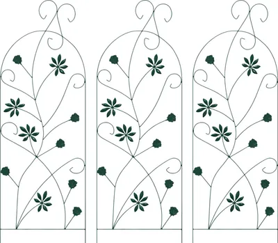 Three identical green garden trellises with floral and vine motifs, set against a white background.