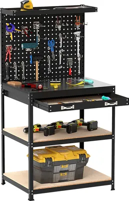 Zdjęcie produktu dla COSTWAY Stół warsztatowy do 225 kg Stół warsztatowy z perforowanym panelem, szufladami, półkami i 20 hakami do zawieszania, stół narzędziowy 81x41x156 cm czarny