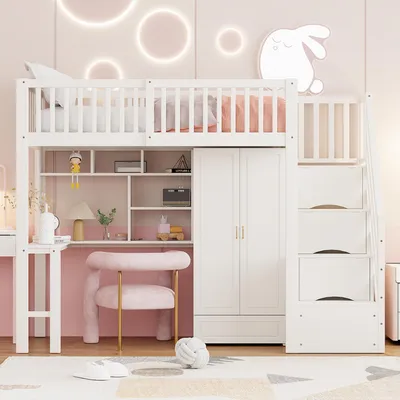 Produktbild von okwish Hochbett 90x200 Jugendbett mit Tisch,Bettgestell mit Sicherheitstreppe,Einzelbett mit großem Kleiderschrank Regal, ohne Matratze,weiß