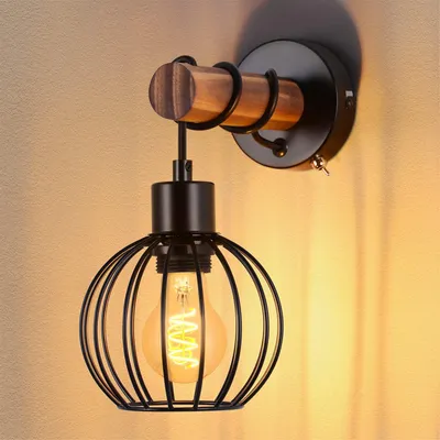 Image de ZMH Applique Noir Vintage Applique Bois avec Interrupteur Applique industrielle E27 Applique Métal Rétro Lampe de Lit Sans ampoule