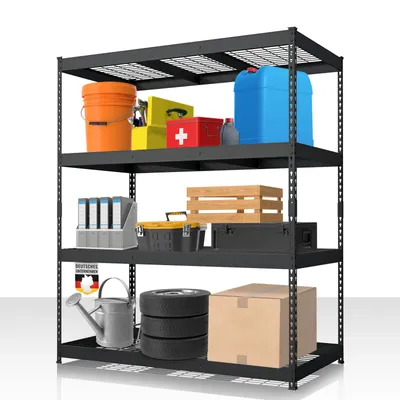 A black metal shelving unit filled with various items.