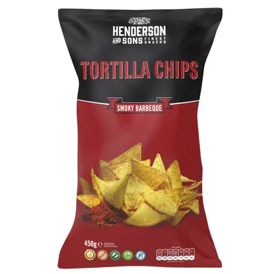 A bag of Henderson and Sons Smoky Barbeque Tortilla Chips.