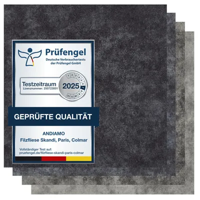 Filzfliese anthrazit Cloud-Design mit Prüfengel-Siegel, Muster in dunkelgrau, hellgrau, beige-grau.
