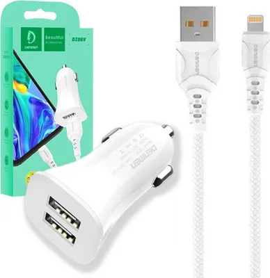 Zdjęcie produktu dla Denmen Ładowarka Samochodowa Auta 3A + Kabel Lightning 3100Ma 2X Usb