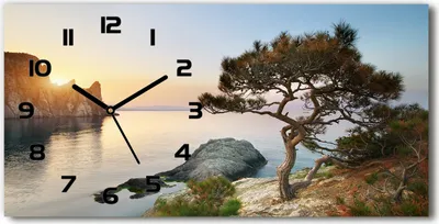 Produktbild von Wanduhr aus Glas – 60x30 cm - Glasbild - Glasuhr - Gehärtetes Glas - schwarze-zeiger - Baum durch das Meer