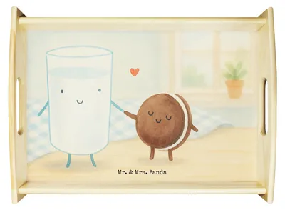 Produktbild von Mr. & Mrs. Panda serviertablett holz Milch Keks Design - Weiß - Geschenk, Lustige Sprüche, Kekse, Cookie, Dekotablett, Servier Tablett, Kaffee, Bett-Tablett, Sofa, Milk