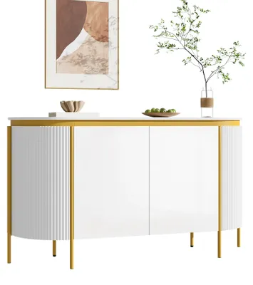 Produktbild von Moonbite Ovales Sideboard 140 cm mit 4 Türen, Anrichte mit Riffelbogen-Fronten, Einlegeboden und Kabeldurchlass, Eisenfüße, MDF-Platte, Weiß
