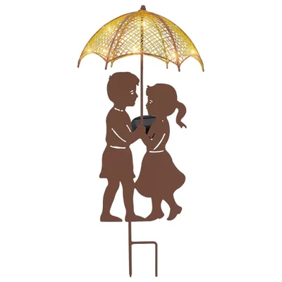 A silhouette of two children sharing an umbrella with LED lights.