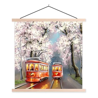 Produktbild von MuchoWow® Textilposter Gemälde - Ölgemälde - Straßenbahn - Blühender Baum 120x120 cm mit holzfarbenen Rahmen - Textil-Poster