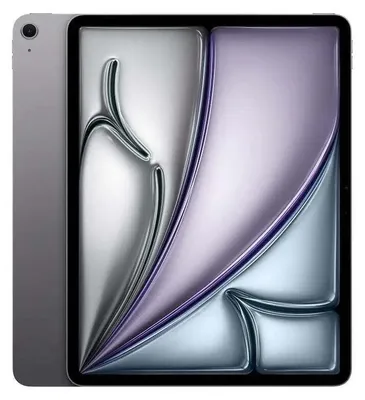 A gray Apple iPad Air is shown from a slight angle, displaying its screen with a colorful, abstract graphic.