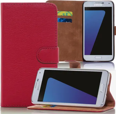 A red bookstyle phone case with a Samsung phone inside, shown in two different orientations.