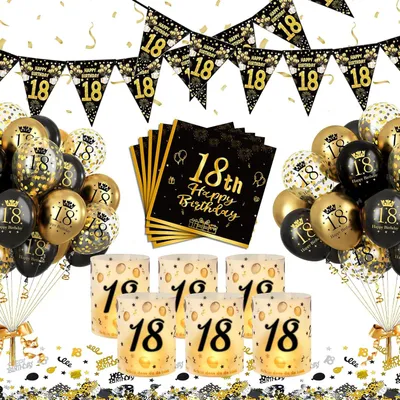 Immagine prodotto di Set di decorazioni per il 18° compleanno, con palloncini neri e dorati, lanterne, tovaglioli, coriandoli e decorazioni per la tavola, ideali per feste