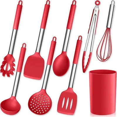 Image de Ensemble de 9 ustensiles de cuisine en silicone Unyqoos®, avec support pour couverts, de couleur rouge – résistant à la chaleur jusqu'à 230°C, antiadhésif, avec des manches en acier inoxydable résistant à la corrosion