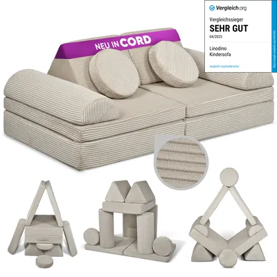 Produktbild von Linodino Spielsofa Cord - Kindersofa | Kinder Couch als Kuschelecke und Fantasiewelt | Kinder Sofa aus Schaumstoff Bausteinen I Kieselgrau