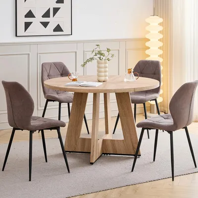 Produktbild von Essgruppe 5-teilig - Runder Esstisch mit 4 Stühlen - 120 cm Tisch - Gepolsterte Stühle - Metallgestell - Moderner minimalistischer Stil - Braun