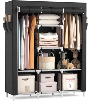 Produktbild von Stoffkleiderschrank mit 2 Kleiderstangen und 8 Ablagen, faltbar, schwarz, 124 x 42 x 162 cm