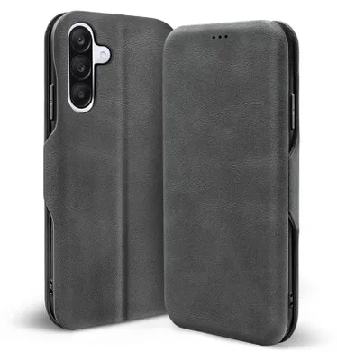 A dark gray flip case for a smartphone is shown against a white background. The case is open, revealing the camera module of the phone.