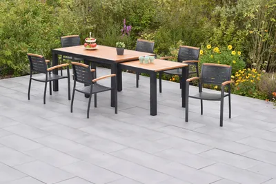 Produktbild von Merxx Gartenmöbel Set Tinos 7tlg., 6 Stapelsesel, Flex Ausziehtisch 180 (180) x 100 (83) x 80 (74) cm- Aluminium/Akazie