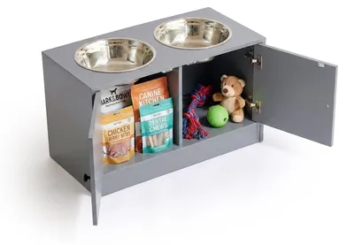 Produktbild von Relaxdays Futterstation Hund, 2 Hundenäpfe, Stauraum, HxBxT: 35,5 x 60 x 30 cm, erhöhte Hundebar, MDF, Edelstahl, grau