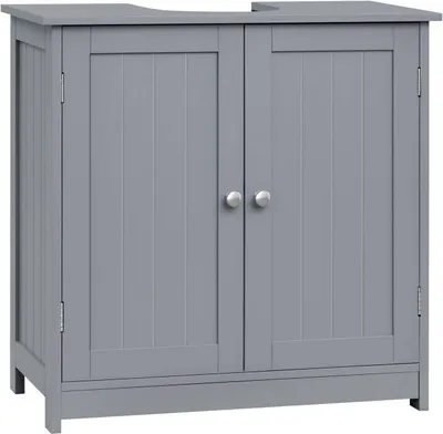 A front view of a gray wooden cabinet with two doors and two silver knobs.