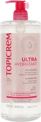 A clear product shot of a large bottle of shower gel with a pump dispenser.