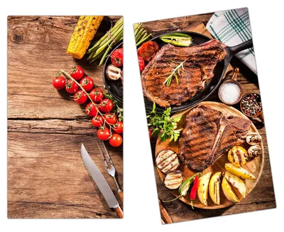 Produktbild von Spritzschutz Herdabdeckplatte Schneidebrett aus Glas Fleisch und Gemüse 2-Teilig (60x52cm)