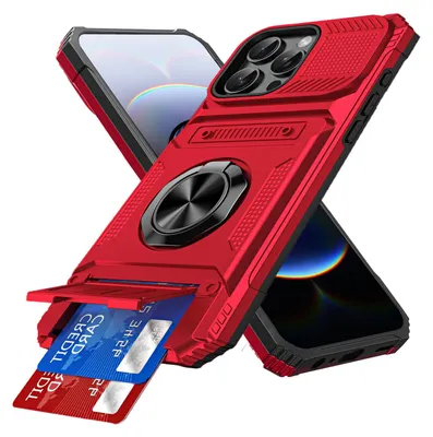 Produktbild von Dual Layer Hülle für iPhone 14 Pro mit Kartenhalter, Magnetische Ring Ständer Militärschutz Stoßfeste Handyhülle Rot