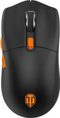 A top-down view of a black gaming mouse with orange accents.