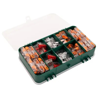 A clear, well-lit studio shot of a green plastic sorting box filled with various electrical wire connectors.