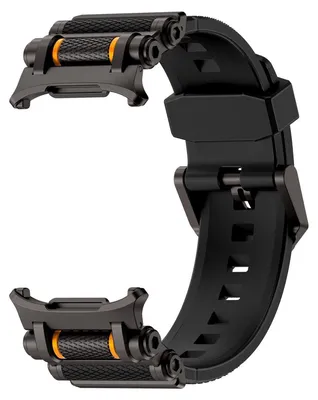 A black watch band with metallic accents and orange details, shown against a white background.