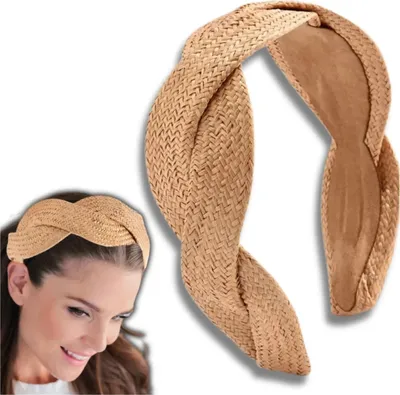 Image de Camerazar Bandeau de paille tricoté large pour femme Boho en beige