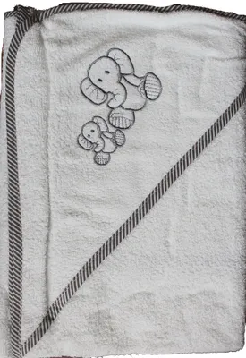 Produktbild von XL Baby Kapuzen Badetuch 100 x 100 cm, 100% Baumwolle, weiß mit grau, bestickt mit Elefant, Frottier