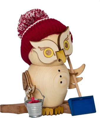 Produktbild von Drechslerei Kuhnert - Räucherfigur Eule als Schneefeger - Größe ca. 15cm, für Räucherkerzen Größe M (Satndard) - 37209