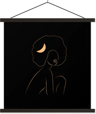 Produktbild von MuchoWow® Textilposter Frau - Mond - Gold - Strichzeichnung 60x60 cm mit schwarzem Rahmen - Posteraufhänger