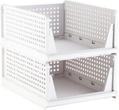 Produktbild von 2 Stück stapelbare Kunststoff-Opbergschachteln - faltenbare Schubladen - große weiße Aufbewahrungsboxen - für Schlafzimmer, Badezimmer und Büro