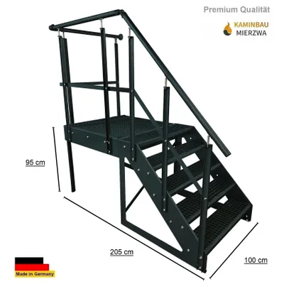 Produktbild von Podesttreppe Stahltreppe 5 Stufen Freistehend Höhe 95cm inklusive Podest 100x100cm mit Geländer Anthrazit Ausrichtung Treppe Rechts Aussentreppe
