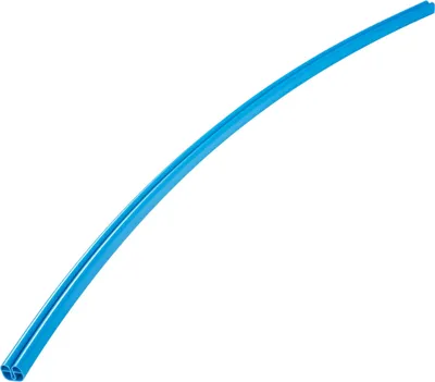 A single blue curved piece of plastic on a white background.